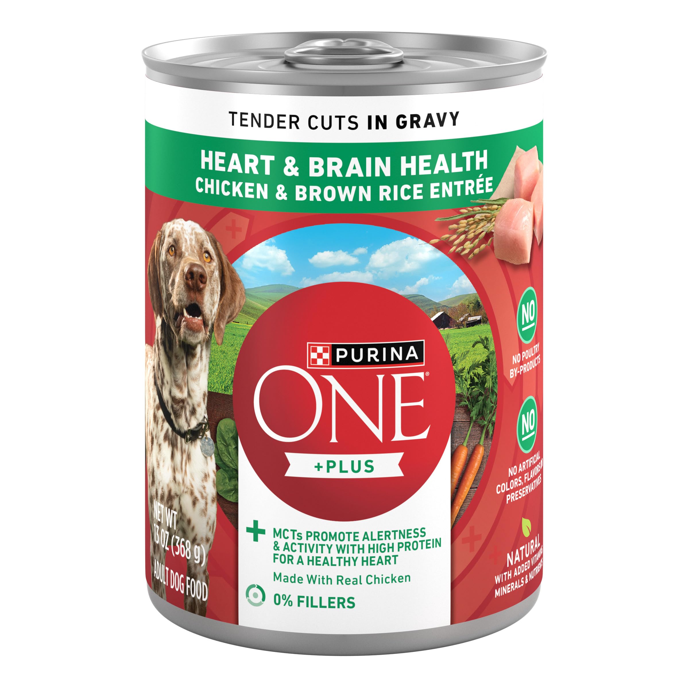 Purina ONE Tender Cuts Corazón y Cerebro, lata abierta, textura jugosa para perros adultos.