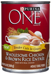 Purina ONE Tender Cuts Pollo y Arroz, comida enlatada para perros, sabor y textura atractivos.