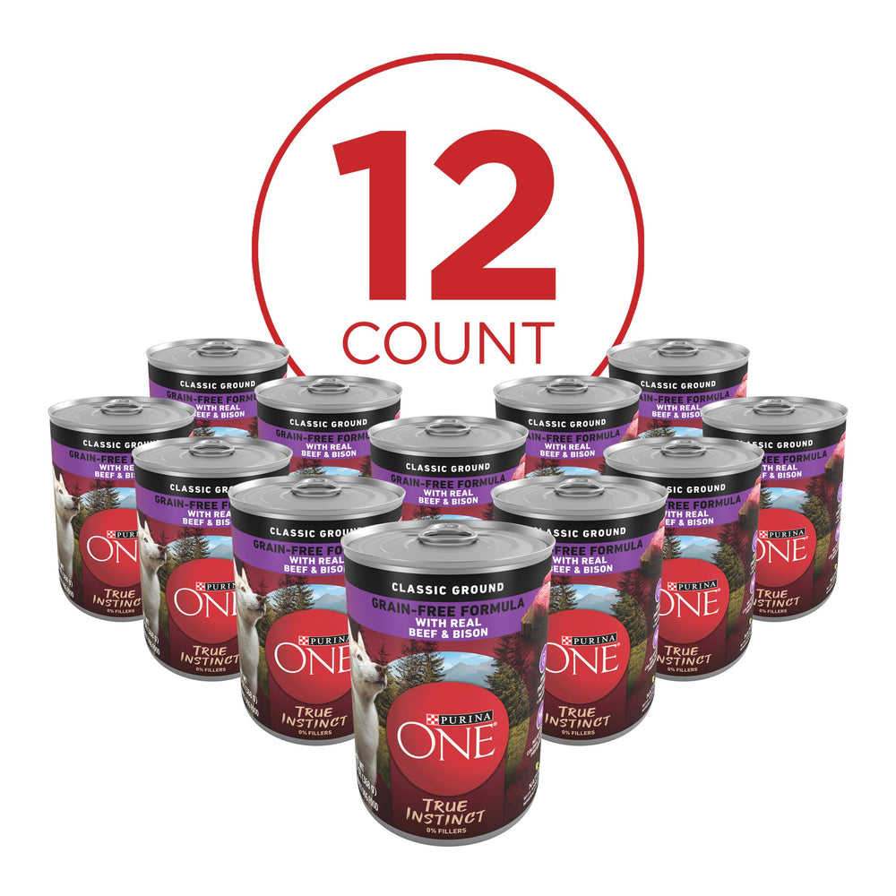 Purina ONE True Instinct: etiqueta de nutrición que destaca ingredientes reales.