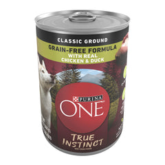 Purina ONE True Instinct, lata con pollo y pato, primera fuente de proteína para perros adultos.