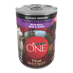 Purina ONE True Instinct: lata con res y bison para perros adultos, alta proteína.