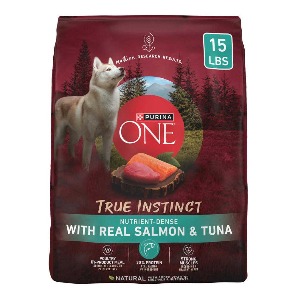 Purina ONE True Instinct con salmón y atún; ingrediente estrella y dieta completa para perros adultos.