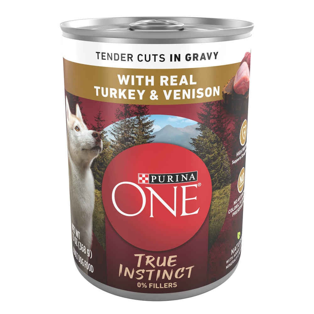 Purina ONE True Instinct Tender Cuts trozos en salsa de pavo y venado para perros.
