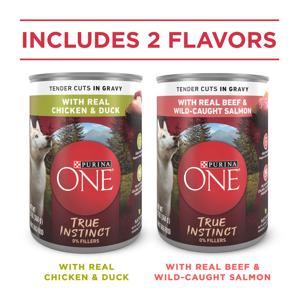 Purina ONE True Instinct Tender Cuts en salsa carne de res y salmón: nutrición completa para perros adultos.