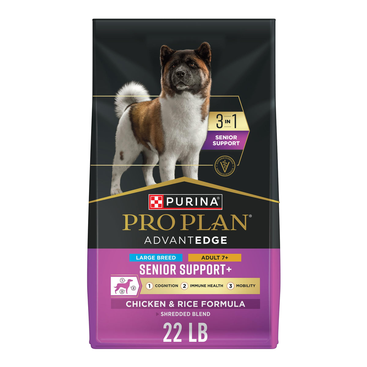 Purina Pro Plan AdvantEDGE Senior para razas grandes, bolsa de 22 lb, empaque visible para cuidado de perros mayores.