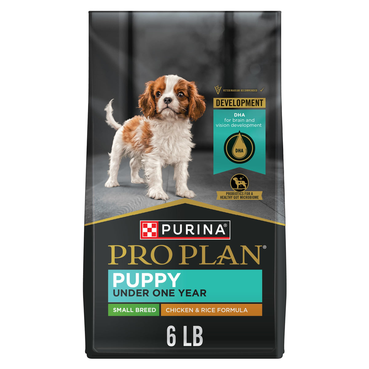 Purina Pro Plan pollo real en croquetas pequeñas para cachorros de razas pequeñas.