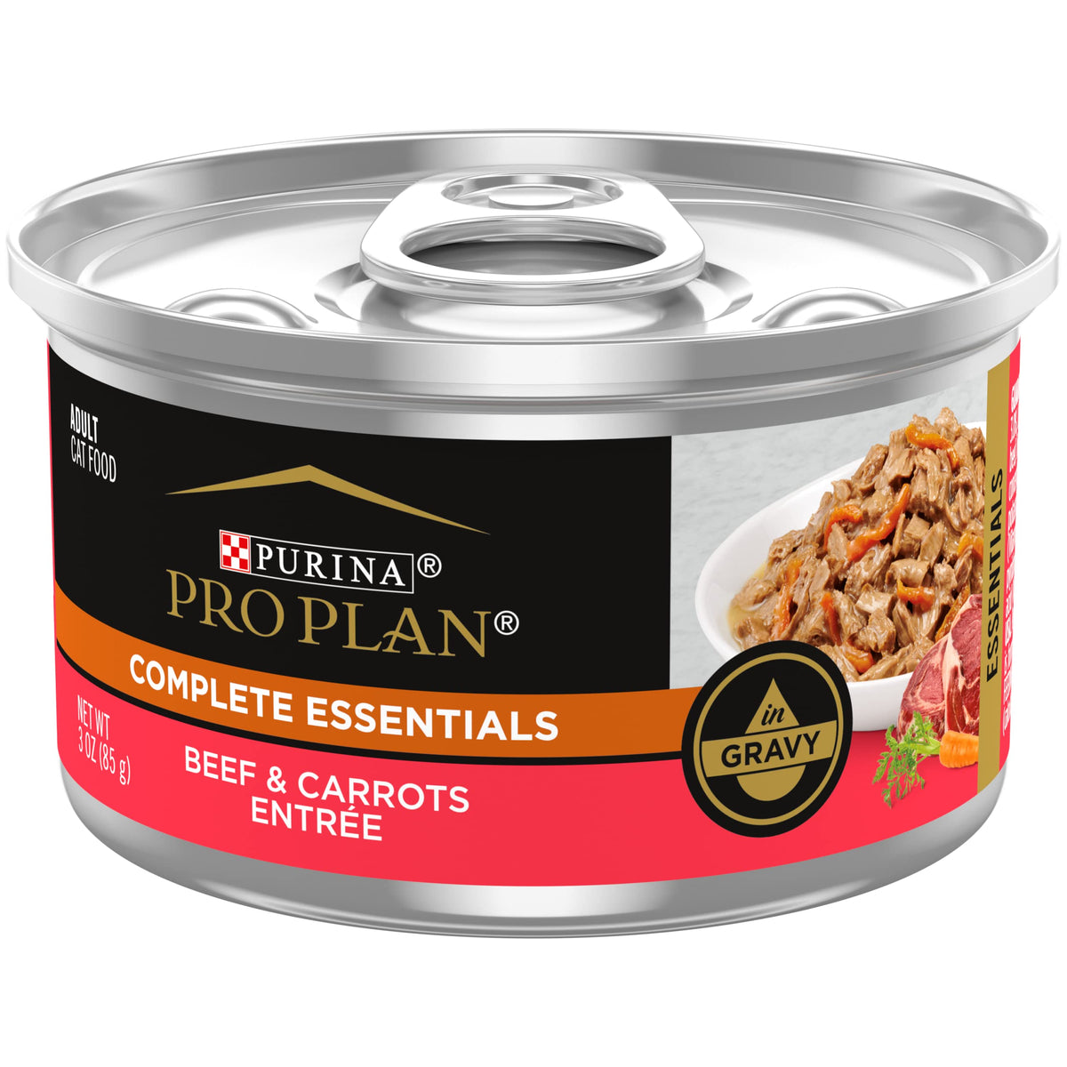 Purina Pro Plan Alimento Húmedo para Gatos con carne real y zanahoria en gravy, sabor delicioso.