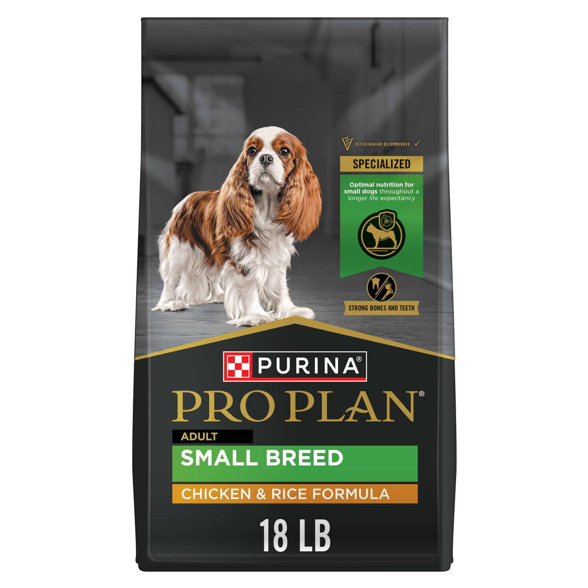 Purina Pro Plan para razas pequeñas, frente de bolsa, nutrición de alta proteína para perros activos.