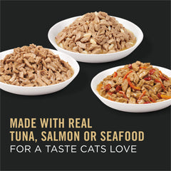 Purina Pro Plan atún de mariscos, lata, sabor que apoya una dieta equilibrada.