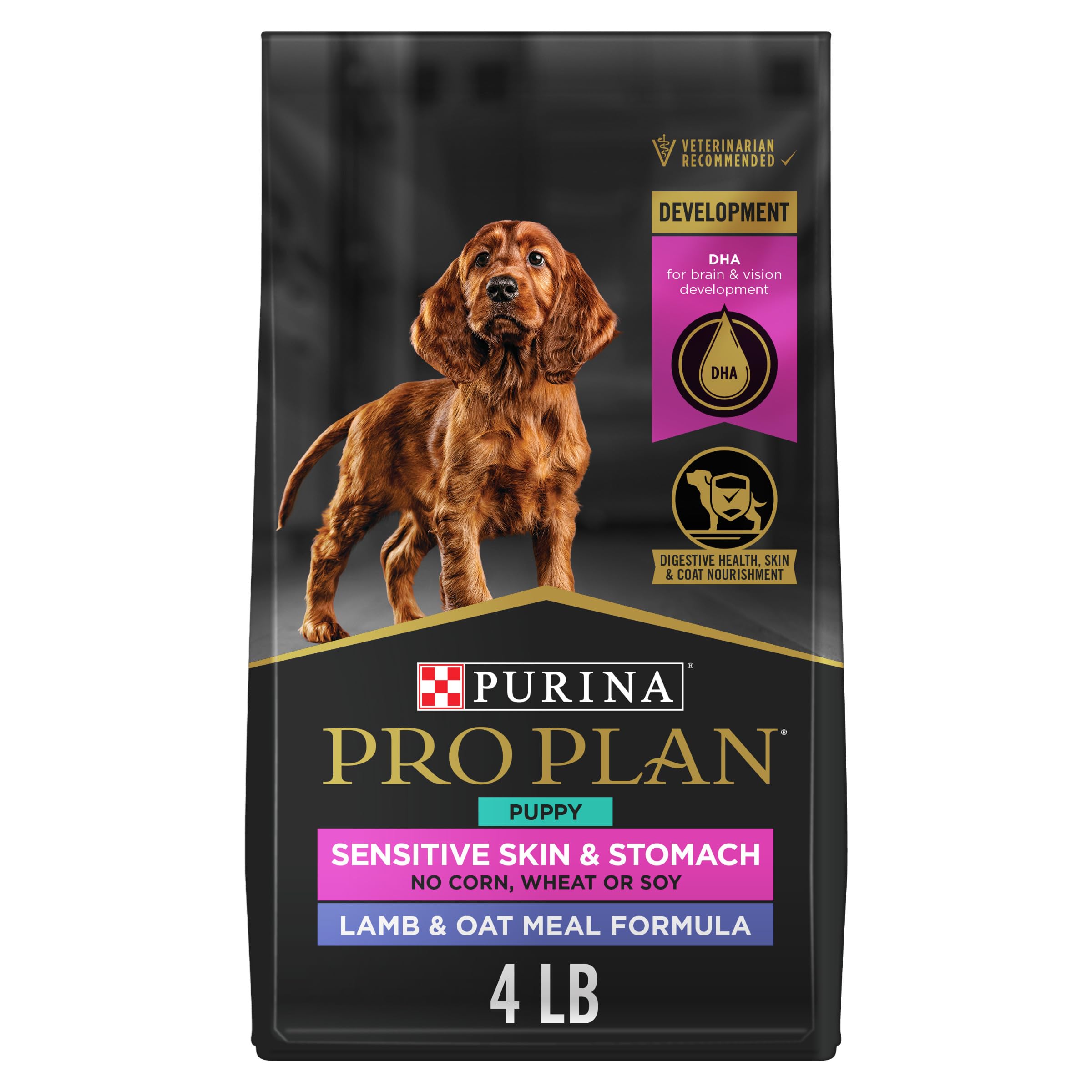 Purina Pro Plan Cachorro frente de bolsa, fórmula para piel sensible.