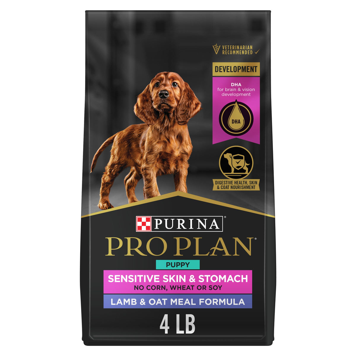 Purina Pro Plan Cachorro frente de bolsa, fórmula para piel sensible.
