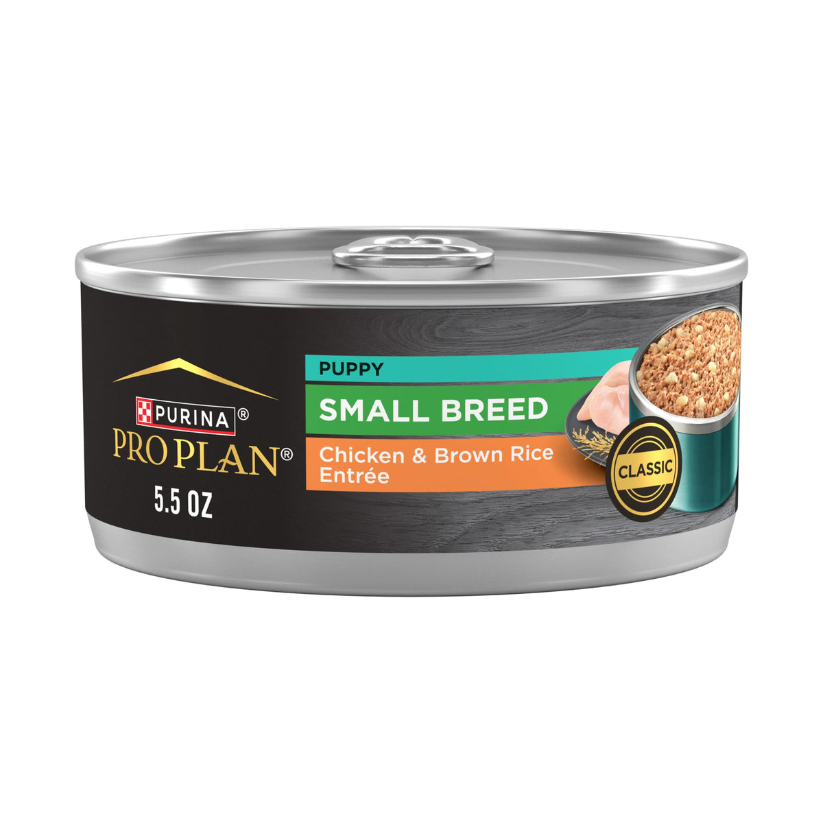 Purina Pro Plan cachorros de raza pequeña con pollo y arroz en lata de 5.5 oz, alimento húmedo.