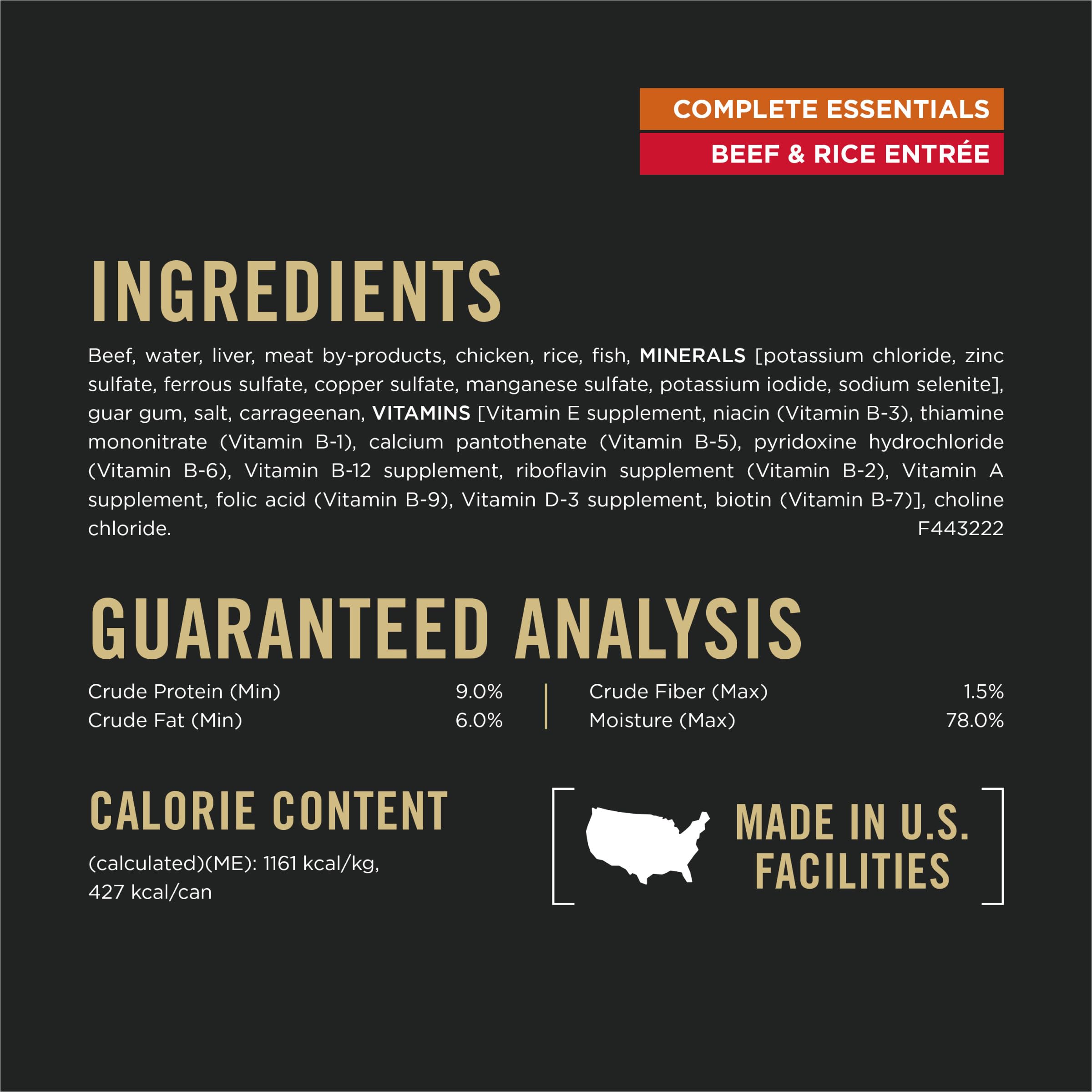 Purina Pro Plan Complete Essentials ingredientes de calidad en cada lata.