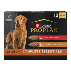 Purina Pro Plan Complete Essentials lata pollo con arroz, proteína alta para perros adultos.