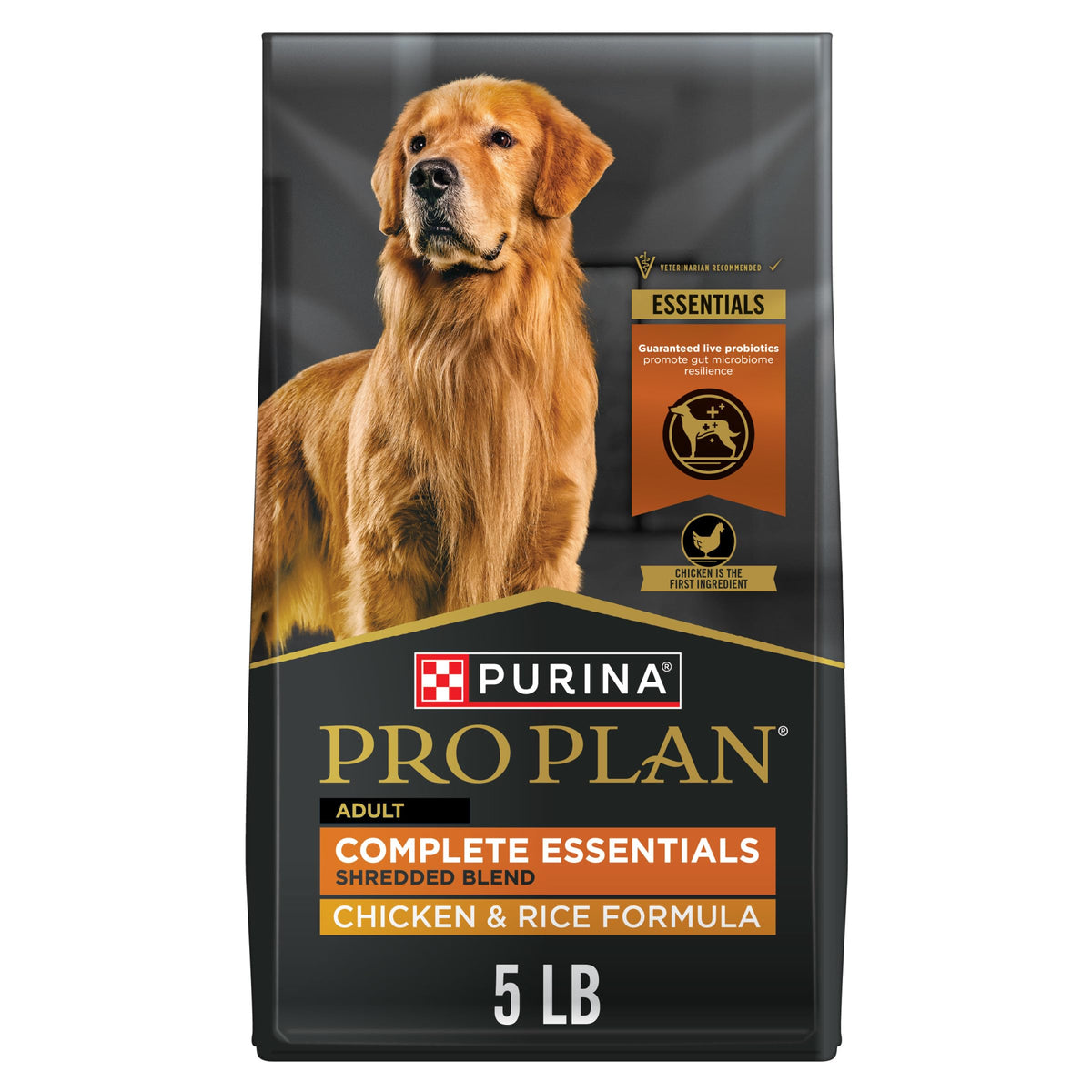 Purina Pro Plan Complete Essentials: mezcla deshebrada de pollo y arroz con textura crujiente para perros.