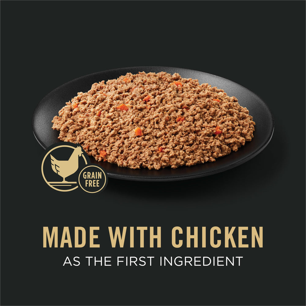 Purina Pro Plan sin grano pate de pollo con zanahorias, alto en proteína para perros activos.