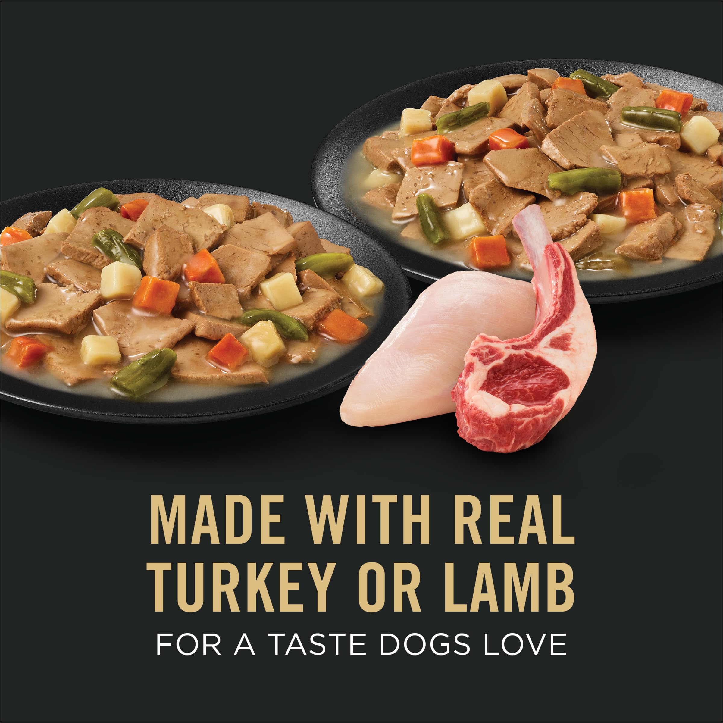 Purina Pro Plan Complete Essentials: trozos de pavo en salsa servidos en cuenco, sabor apetitoso.