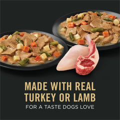 Purina Pro Plan Complete Essentials: trozos de pavo en salsa servidos en cuenco, sabor apetitoso.