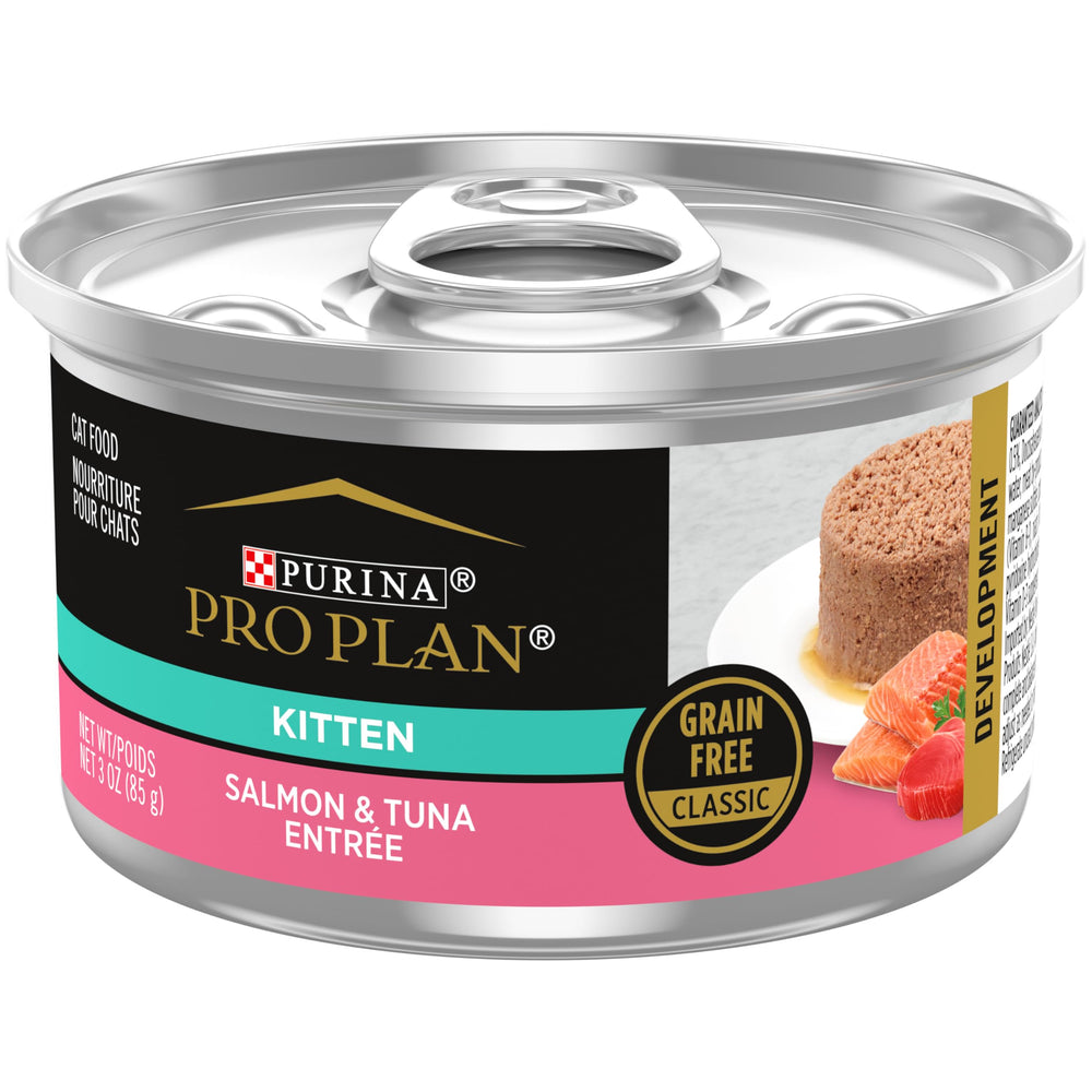 Purina Pro Plan DEVELOPMENT, lata de 3 oz con salmón y atún, favorece desarrollo saludable.