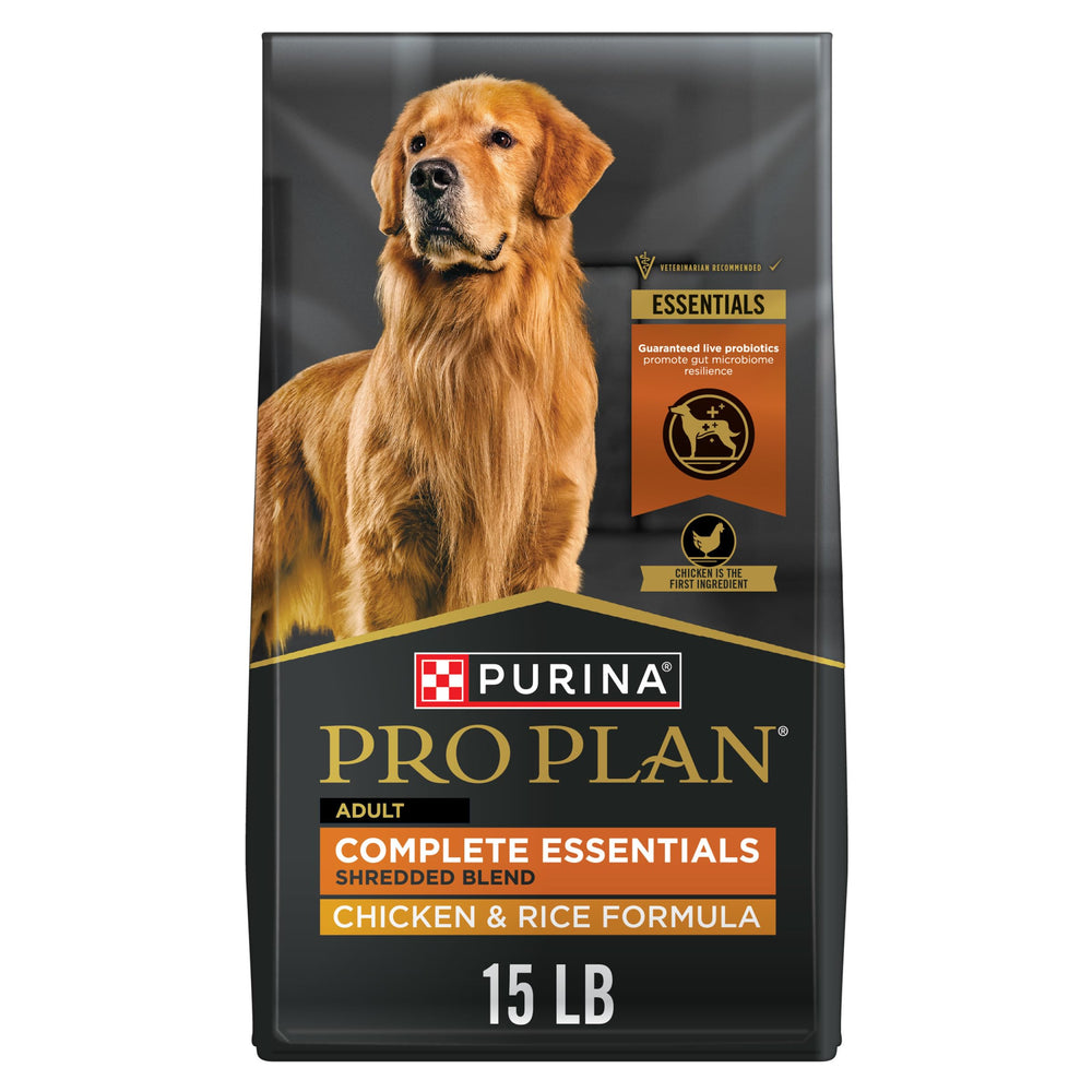 Purina Pro Plan Esenciales croquetas crujientes con trozos desmechados de pollo para energía diaria.
