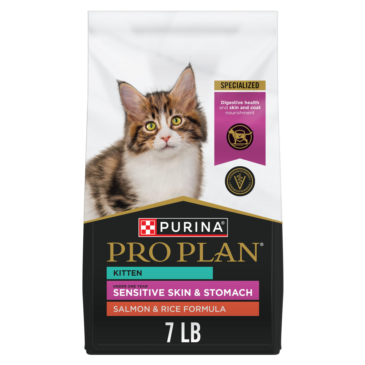 Purina Pro Plan Gatito croquetas de salmón y arroz en cuenco, apoyo digestivo suave.