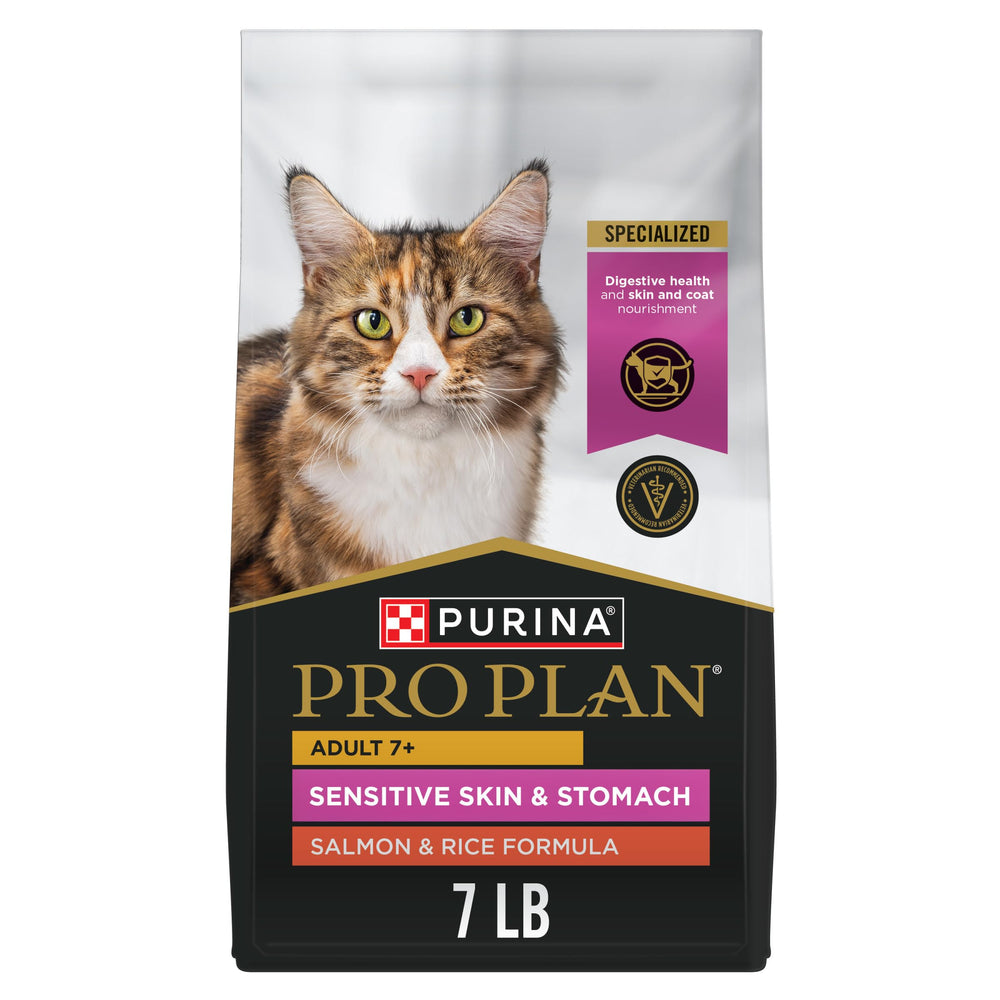 Purina Pro Plan para gato senior con salmón-arroz, croquetas crujientes para digestión suave.