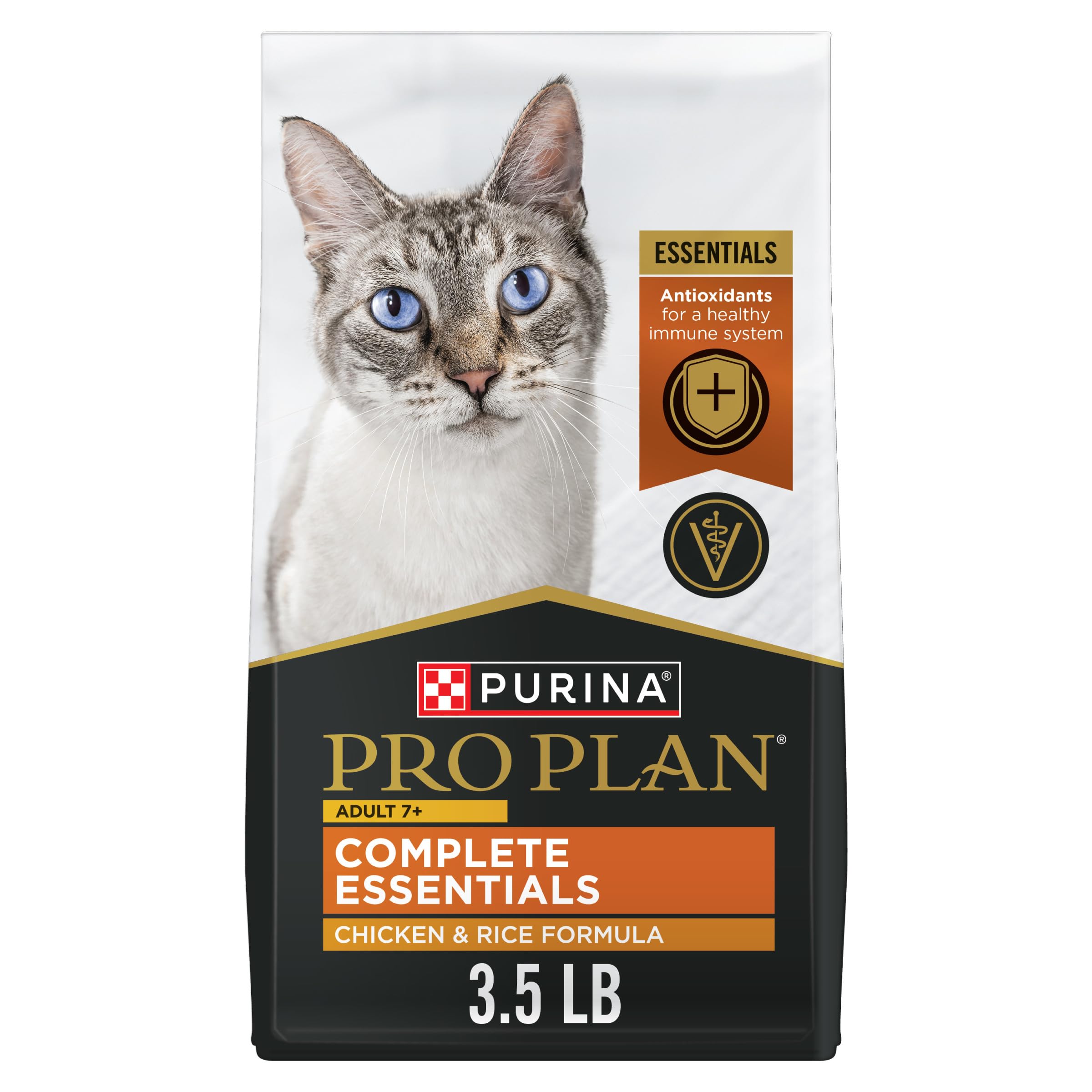 Purina Pro Plan para gatos mayores, kibble pollo-arroz en bolsa de 3,5 lb para nutrición equilibrada.