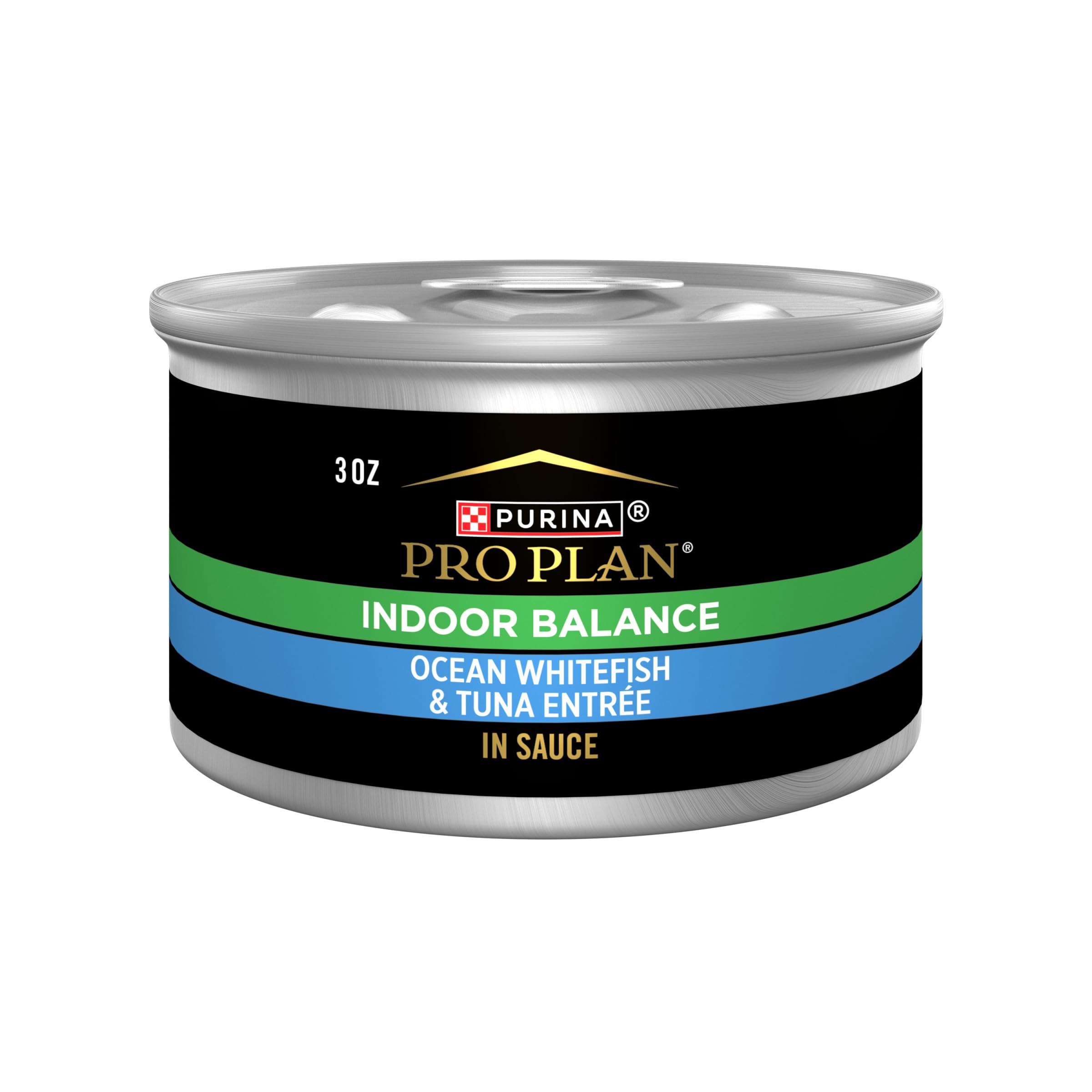 Purina Pro Plan Indoor Balance lata 3oz frente, apoyo al peso para gatos indoor.