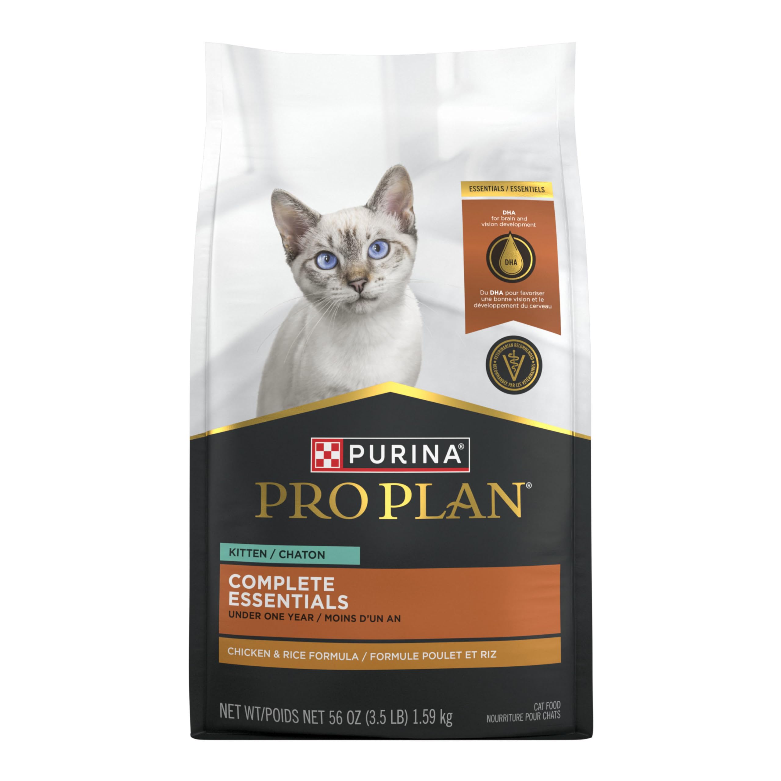 Purina Pro Plan Kitten Dry Food: empaque visible, ayuda al desarrollo cerebral y visión del gatito.