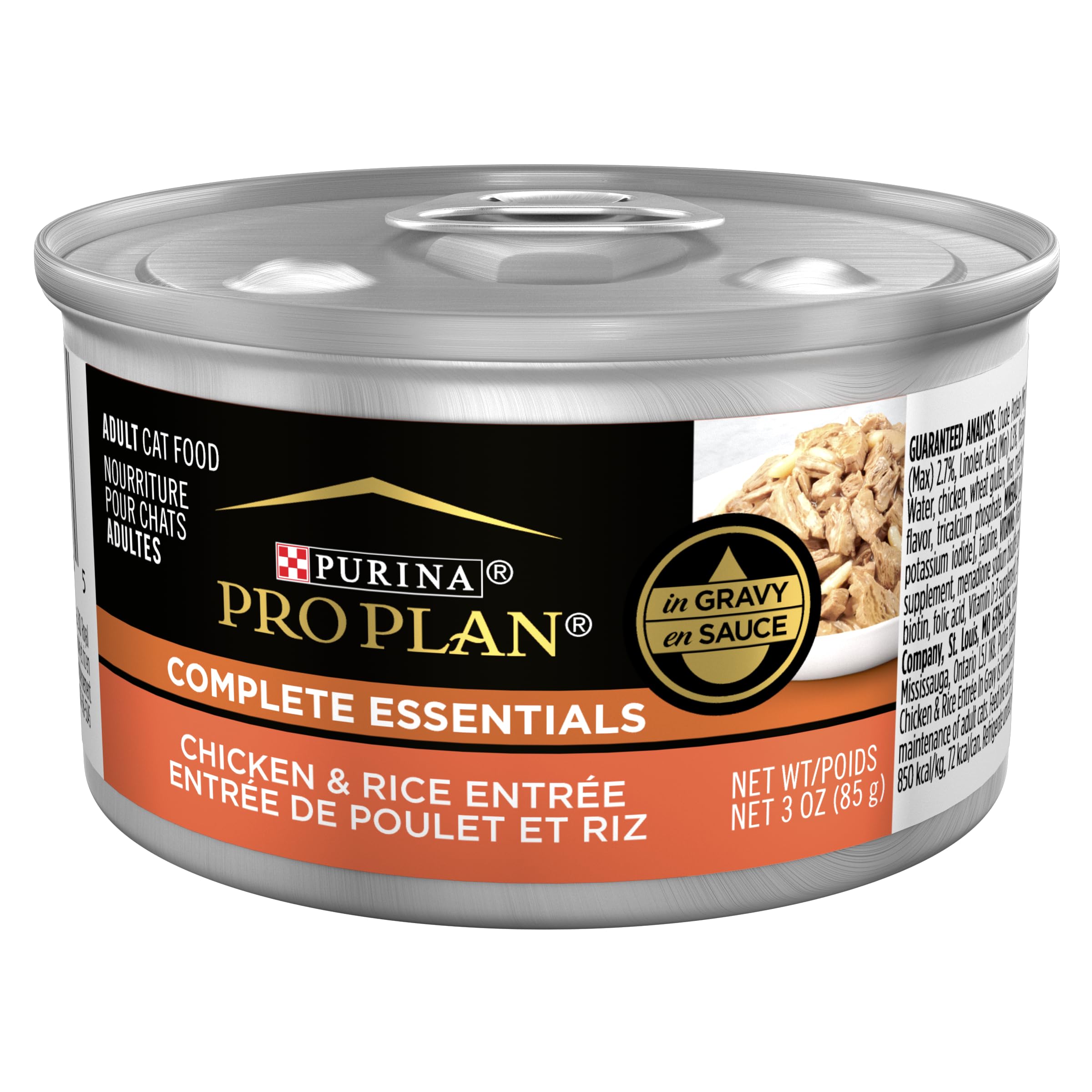Purina Pro Plan lata de 3oz con pollo y arroz, salsa sabrosa para gatos.