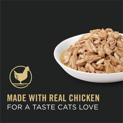 Purina Pro Plan lata 3oz con pollo y arroz en salsa, ideal para gatos activos.