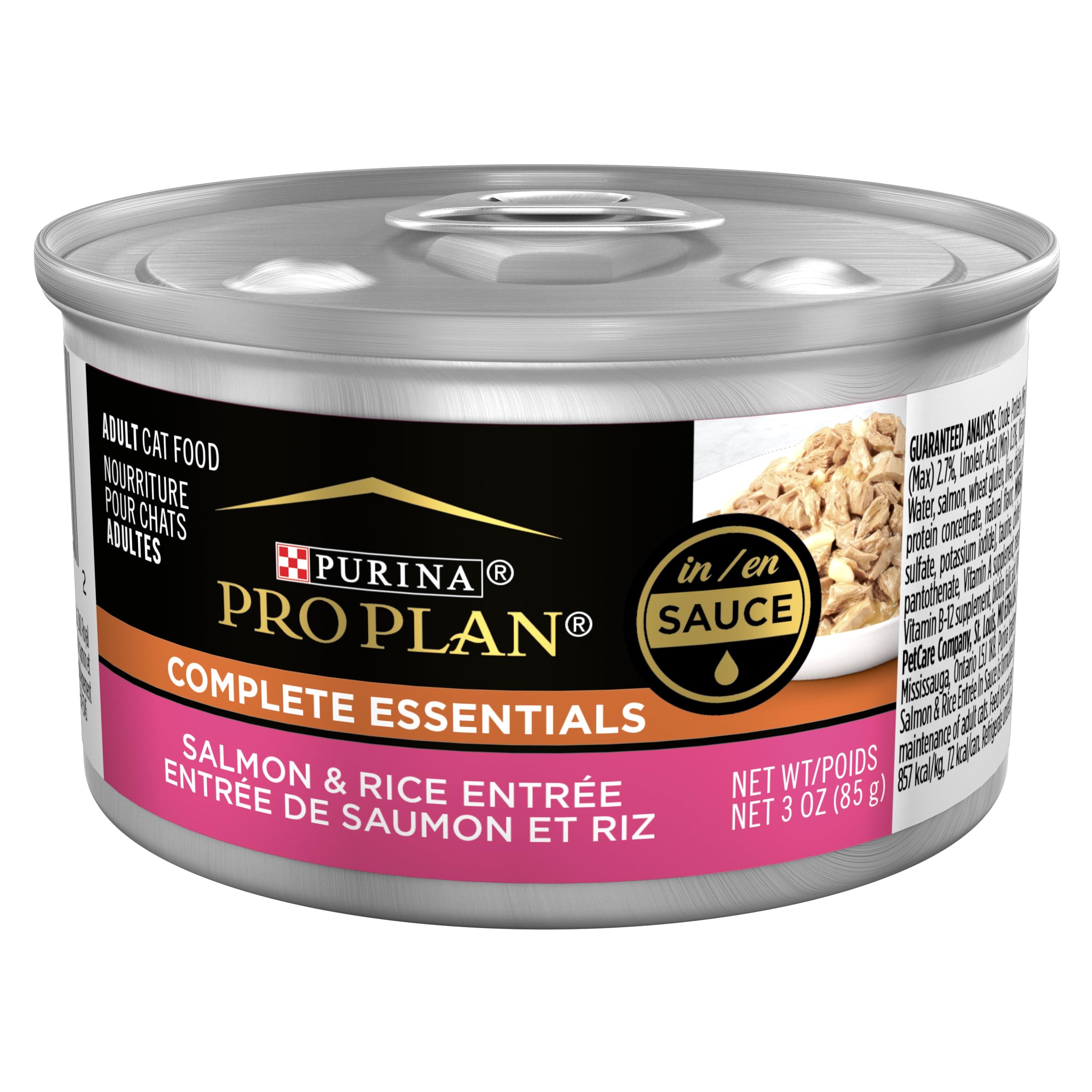 Purina Pro Plan: lata Salmón-Arroz Entree en Salsa, sabor favorito de gatos adultos.