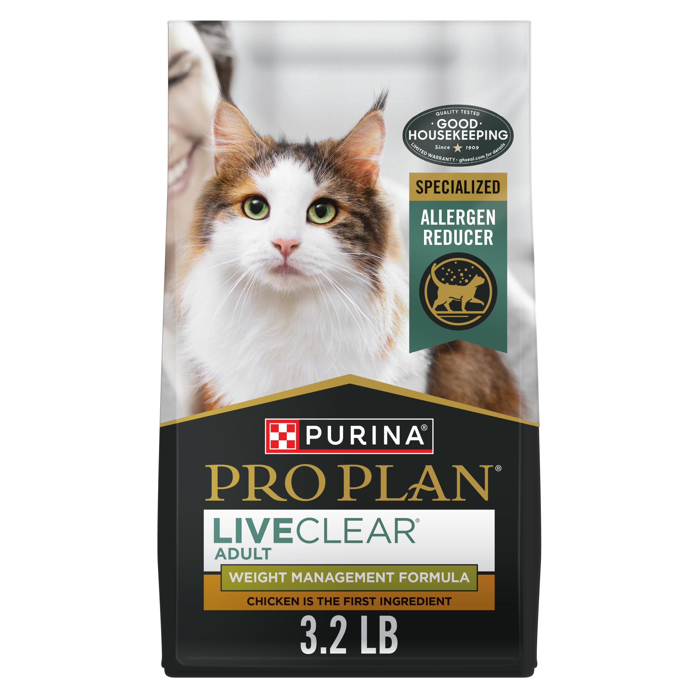 Purina Pro Plan LiveClear, bolsa 3-2 lb, opción de manejo de peso y alérgenos posible.