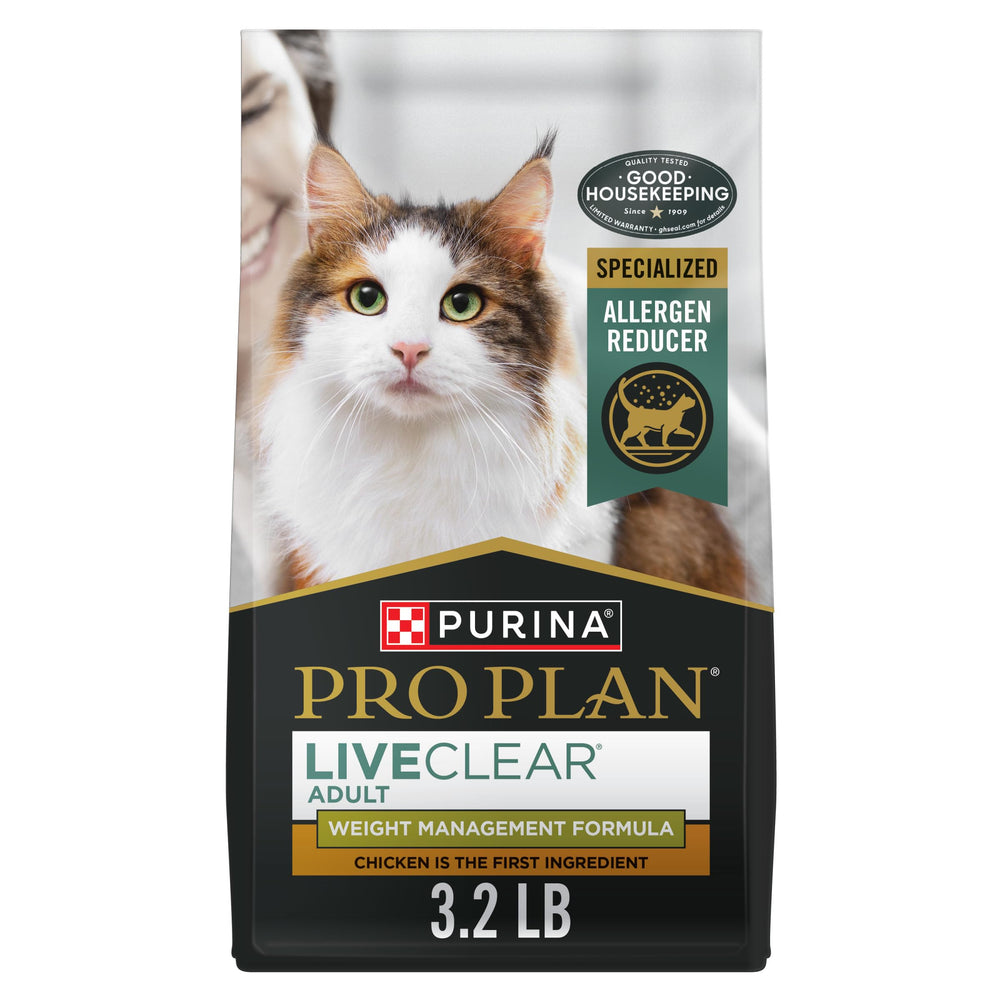 Purina Pro Plan LiveClear, bolsa 3-2 lb, opción de manejo de peso y alérgenos posible.