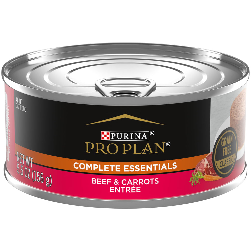 Purina Pro Plan Pate sin grano con carne y zanahorias, textura suave para gatos adultos.