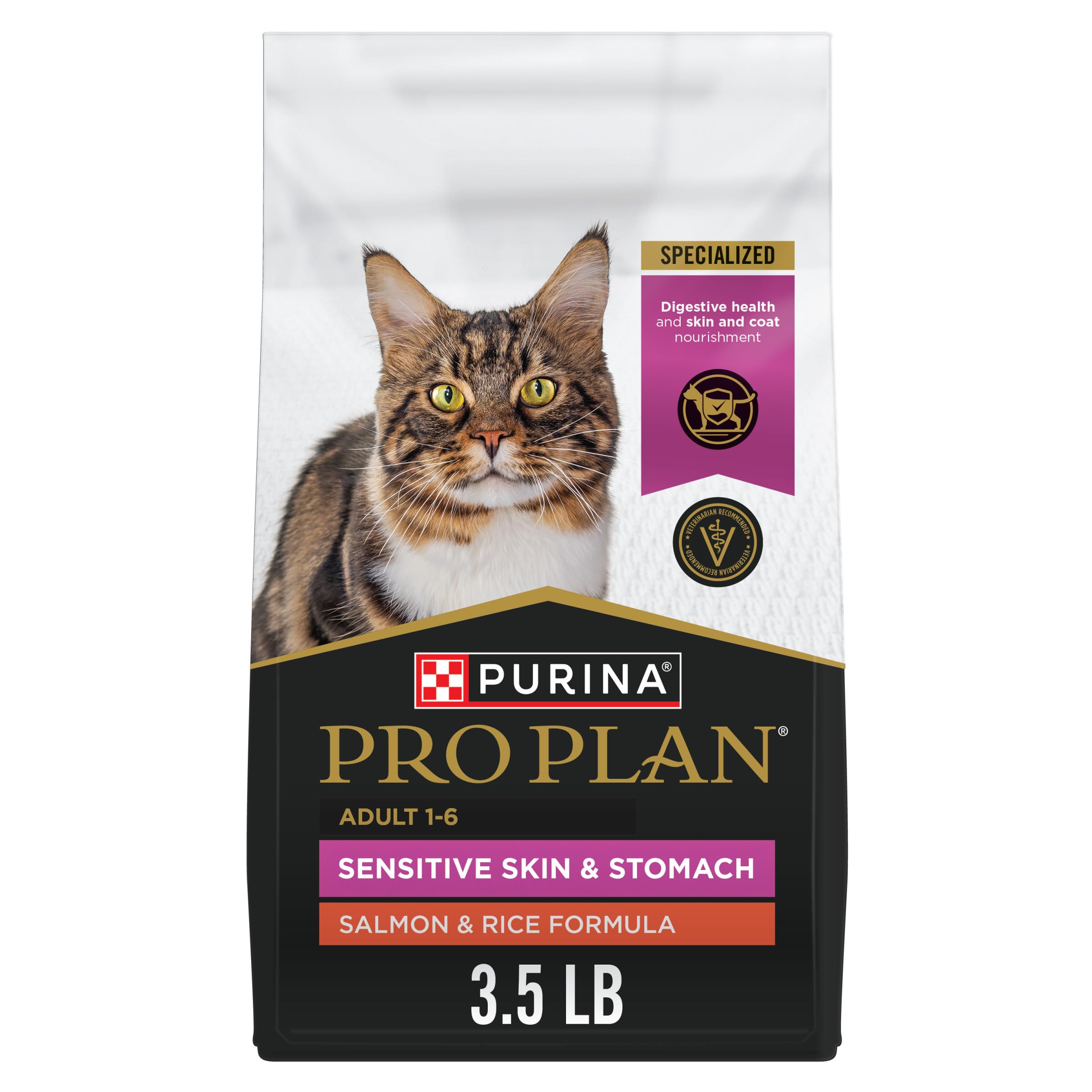 Purina Pro Plan para piel sensible y estómago, croquetas de salmón y arroz para digestión suave.