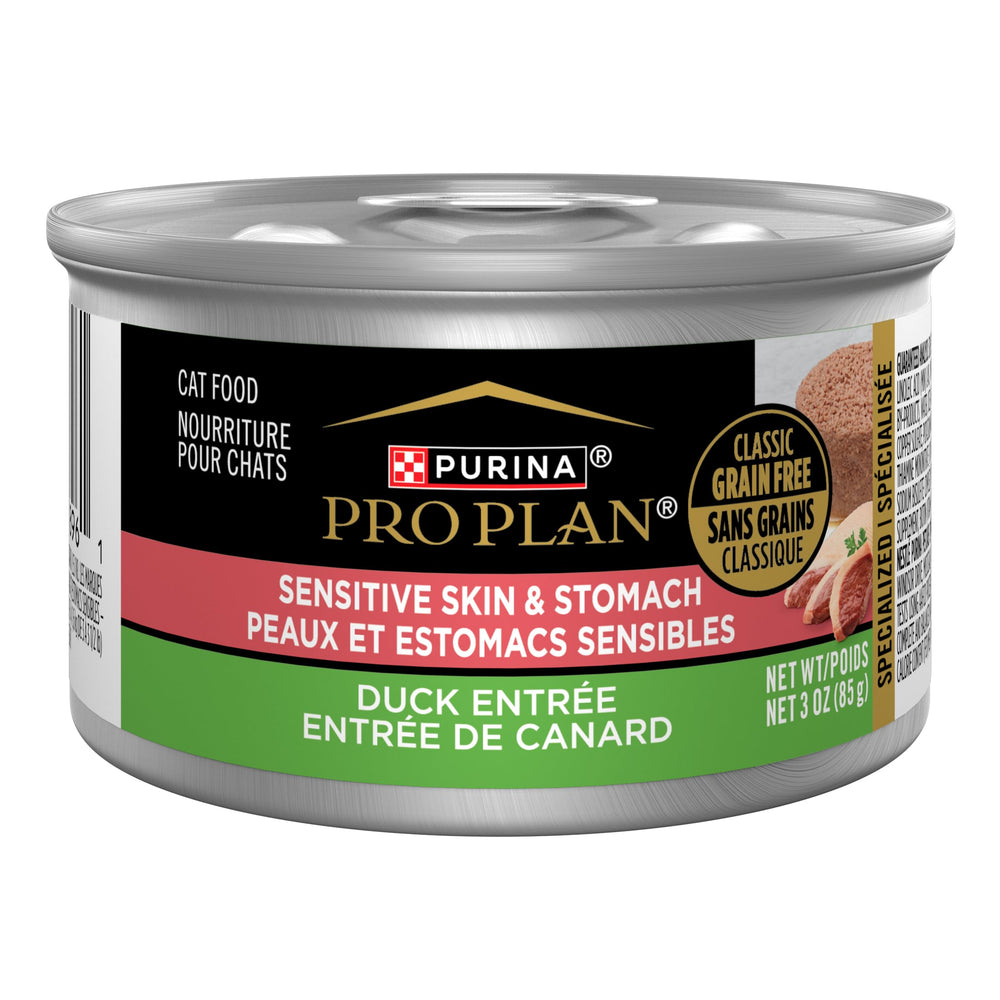 Purina Pro Plan vista frontal de la lata para estómago sensible.