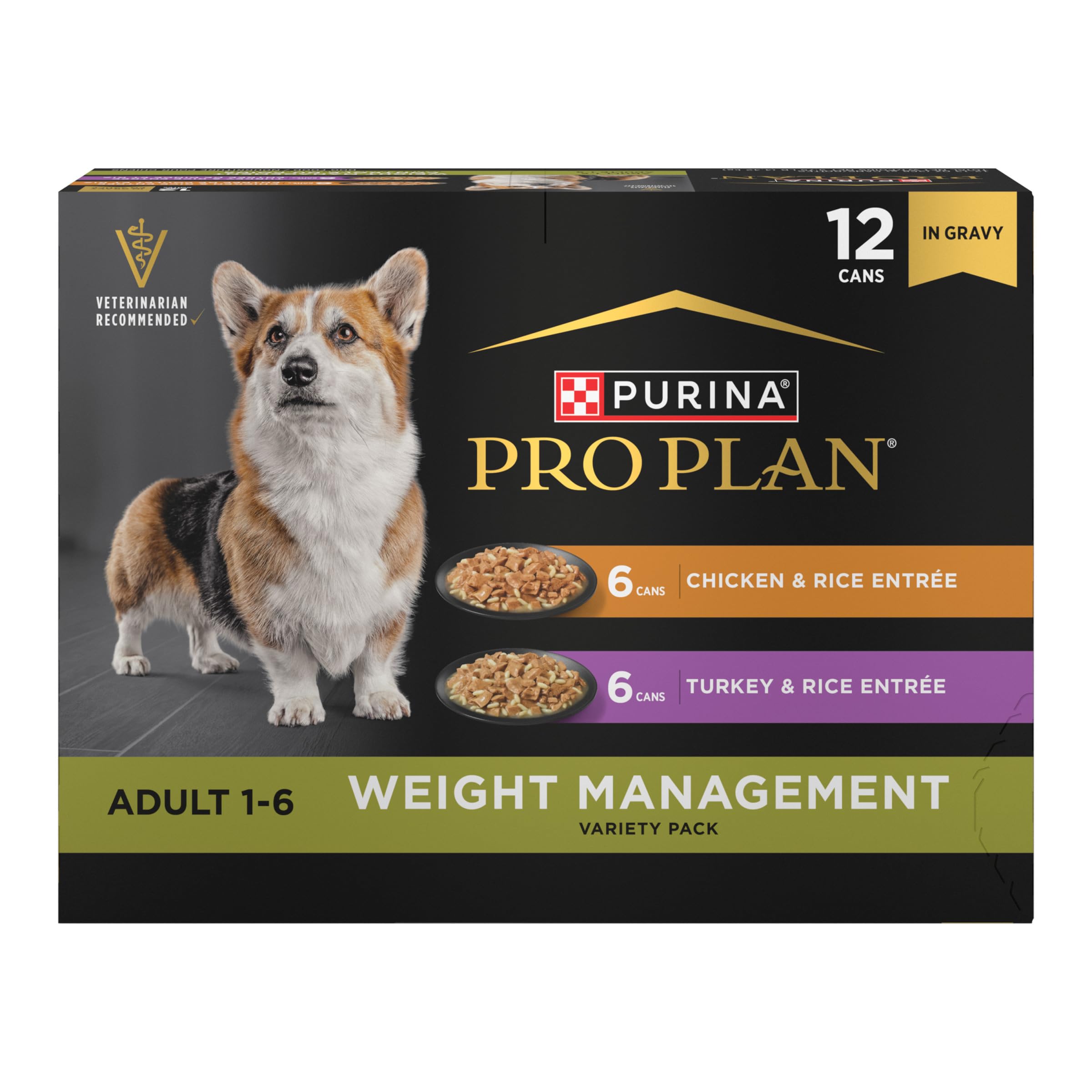 Purina Pro Plan, lata de pollo y arroz en salsa, ayuda a mantener masa muscular al perder peso.