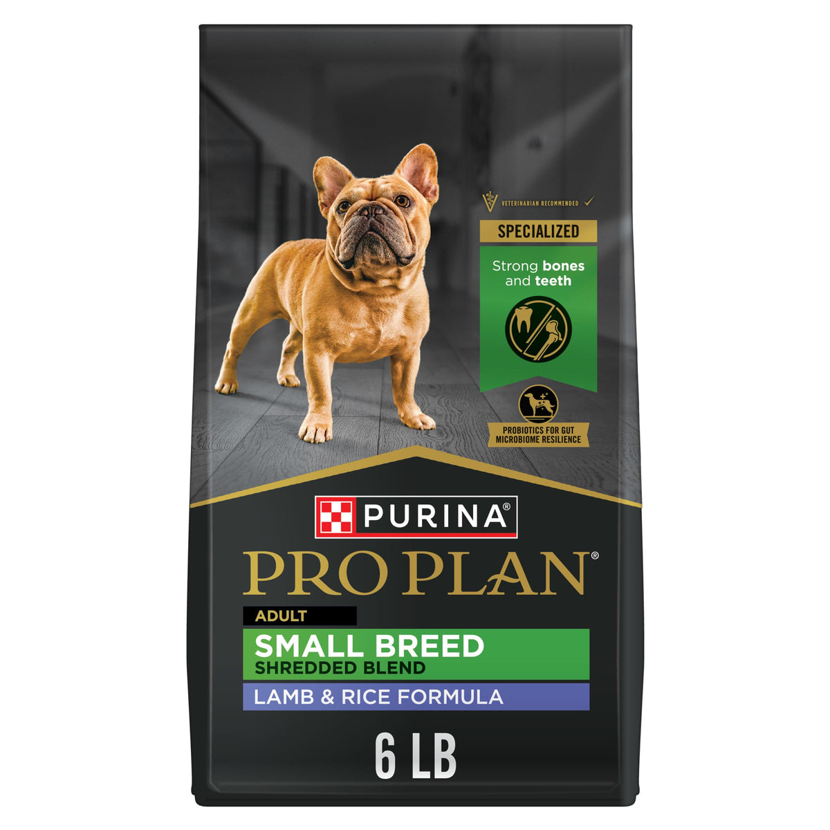 Purina Pro Plan para razas pequeñas, frente de envase, croquetas cordero y arroz, ideal para perros pequeños activos.