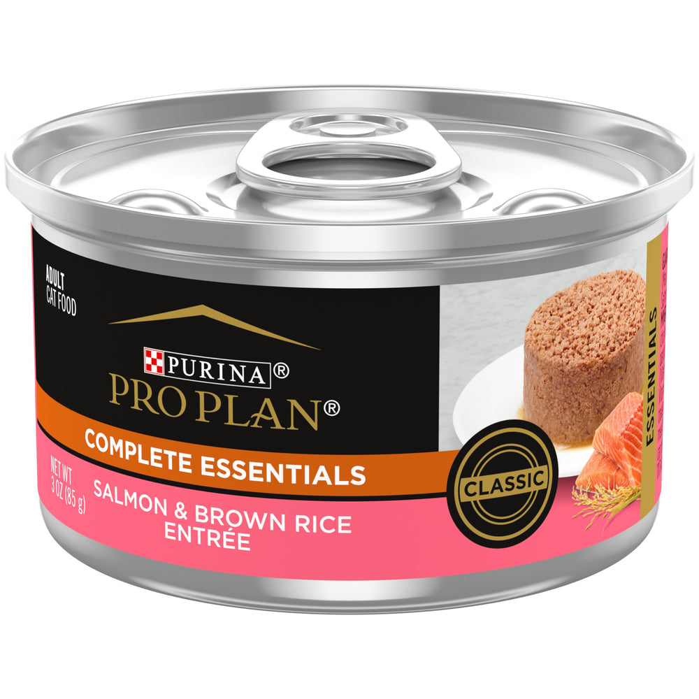 Purina Pro Plan salmón-arroz-entree en lata, textura atractiva para gatos adultos.