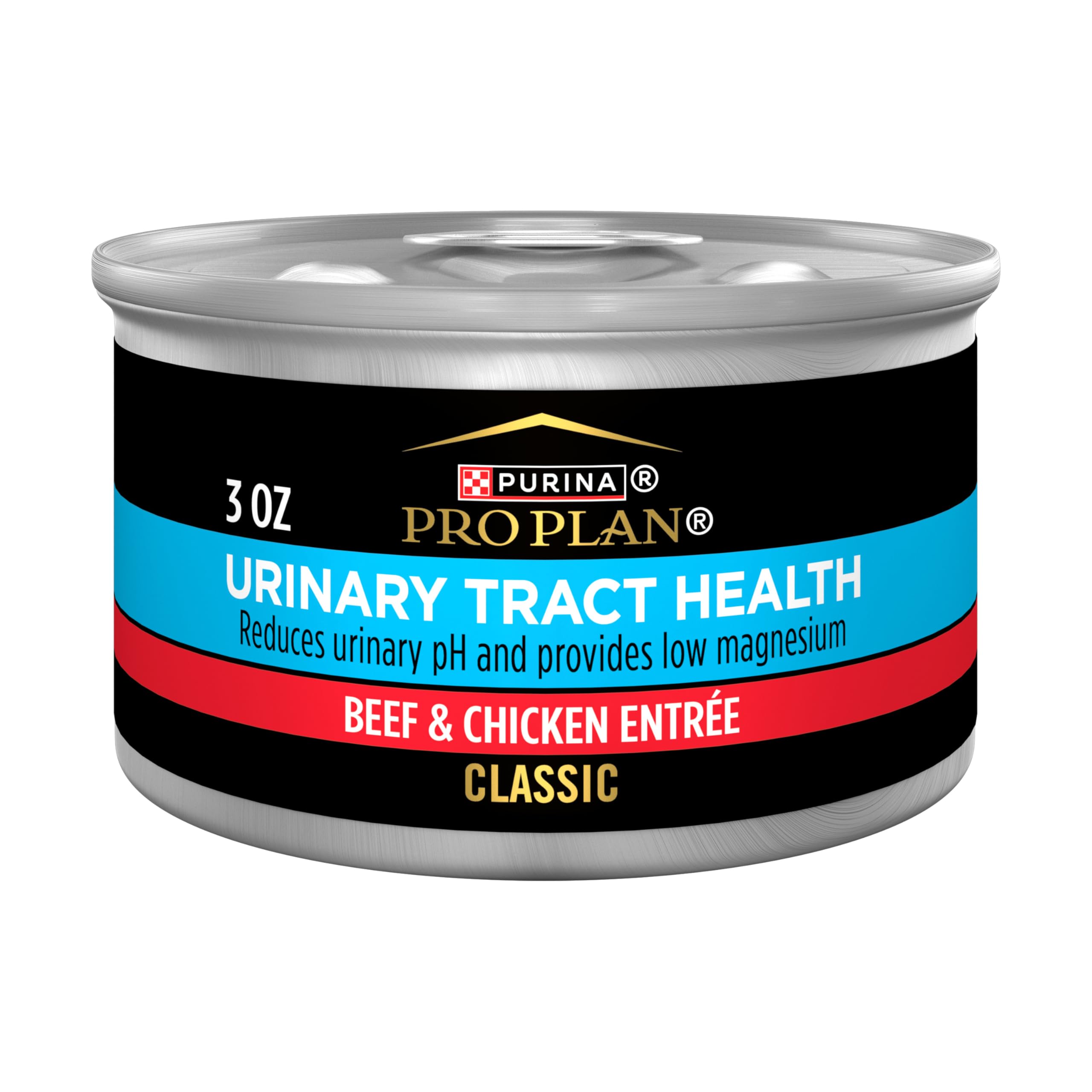 Purina Pro Plan Salud Urinaria lata 3oz con res y pollo para hidratación.