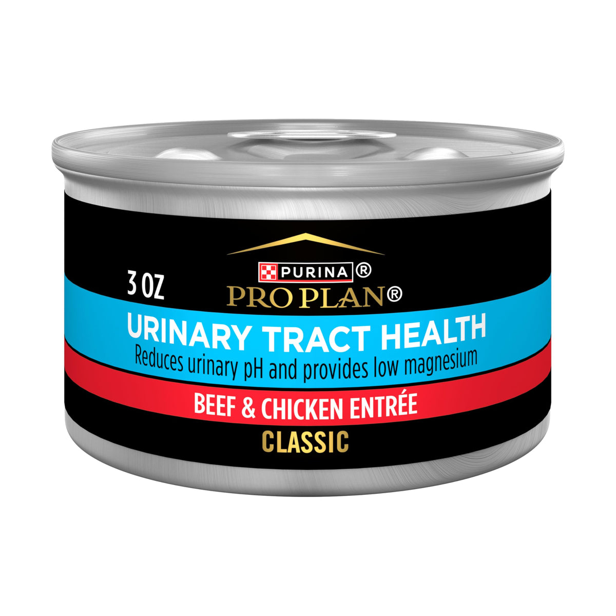 Purina Pro Plan Salud Urinaria lata 3oz con res y pollo para hidratación.