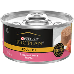 Purina Pro Plan Senior 11+ salmón y atún, lata paté, apoyo nutricional para felinos mayores.