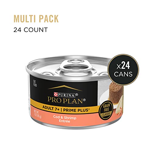 Purina Pro Plan Senior Paté bacalao-camarones con textura cremosa para comer fácilmente.
