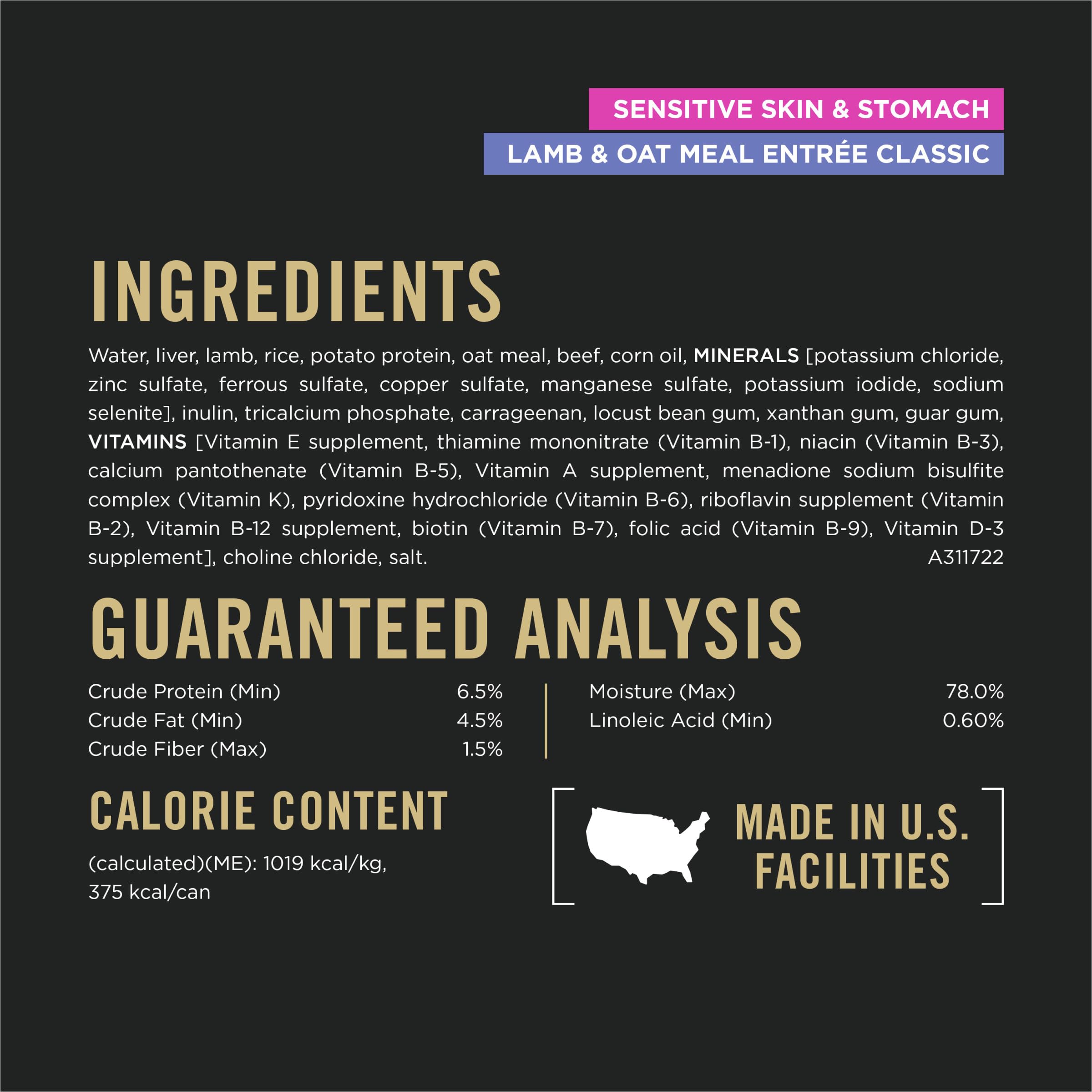 Purina Pro Plan Sensible Piel y Estómago, Salmón y Arroz, etiqueta sin colorantes artificiales.