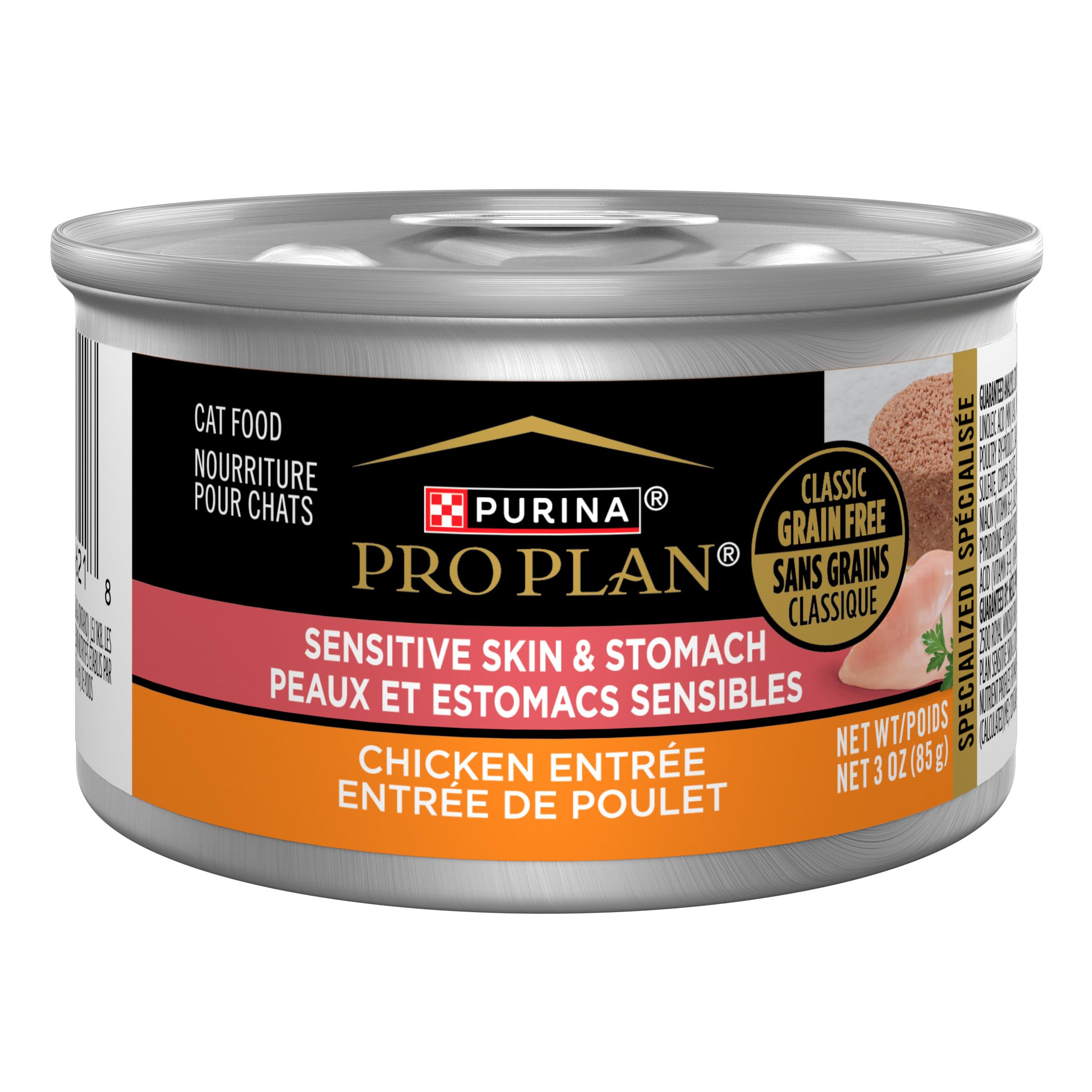 Purina Pro Plan Sensitive Skin Stomach: lata de paté con pollo real, ideal para gatos sensibles.