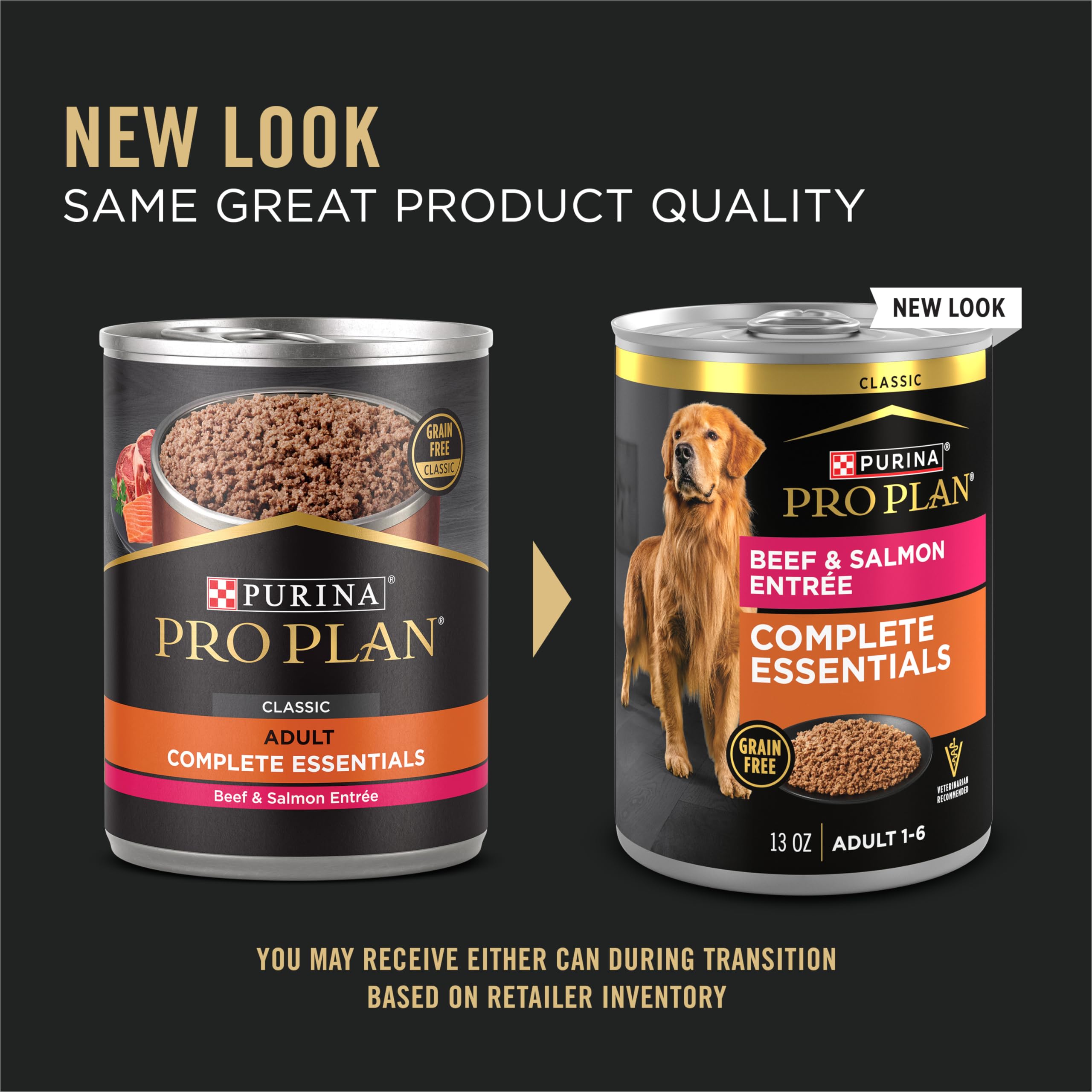 Etiqueta nutricional visible de Purina Pro Plan sin-granos en lata de 13 oz