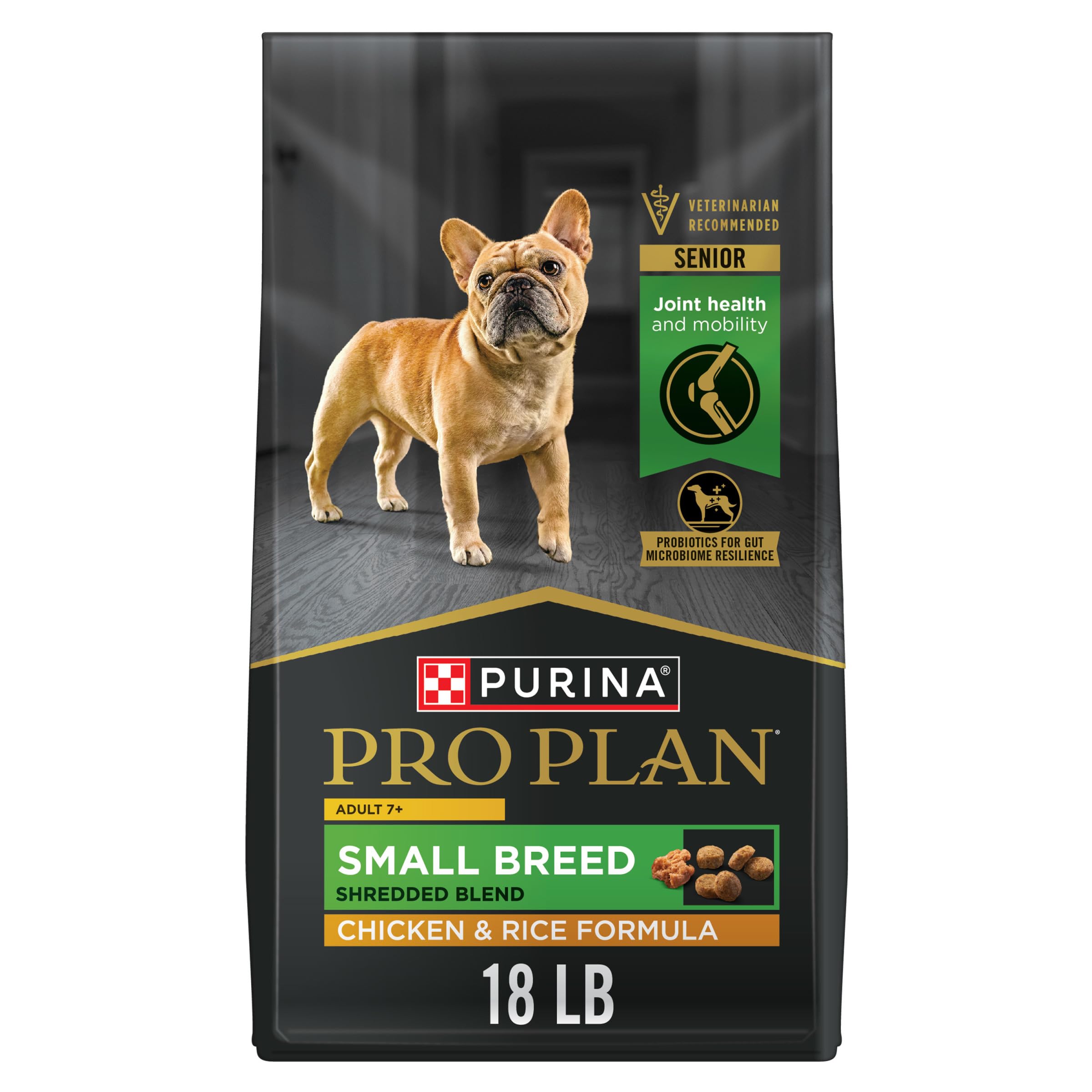 Purina Pro Plan Small Breed 7 Plus empaque con comida para perros mayores