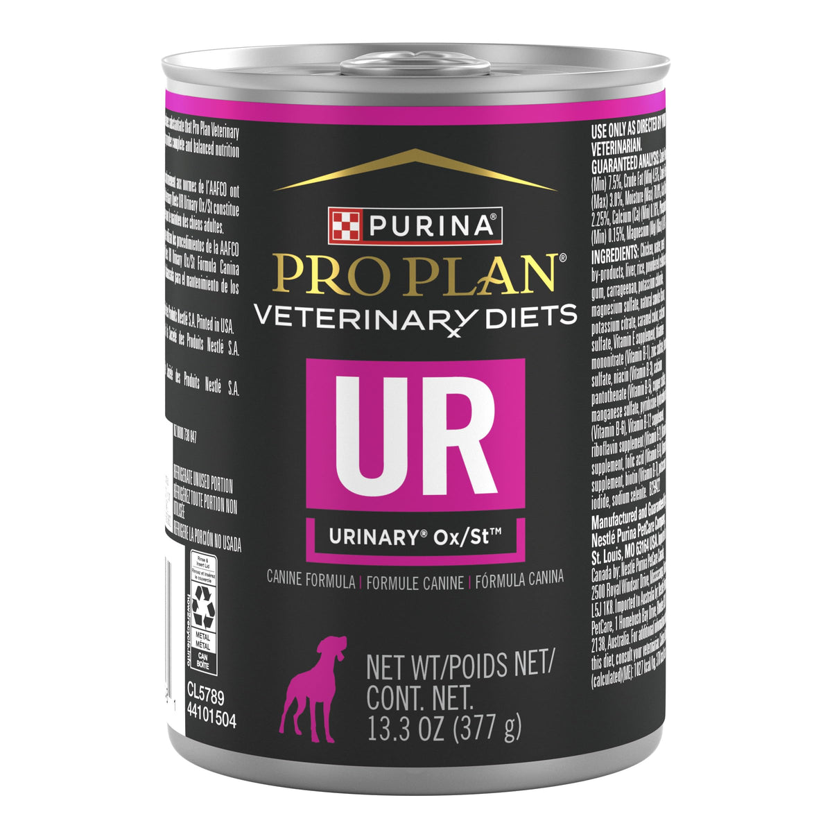 Purina Pro Plan Veterinary Diets UR Ox/St lata frontal, ayuda a promover hidratación adecuada.