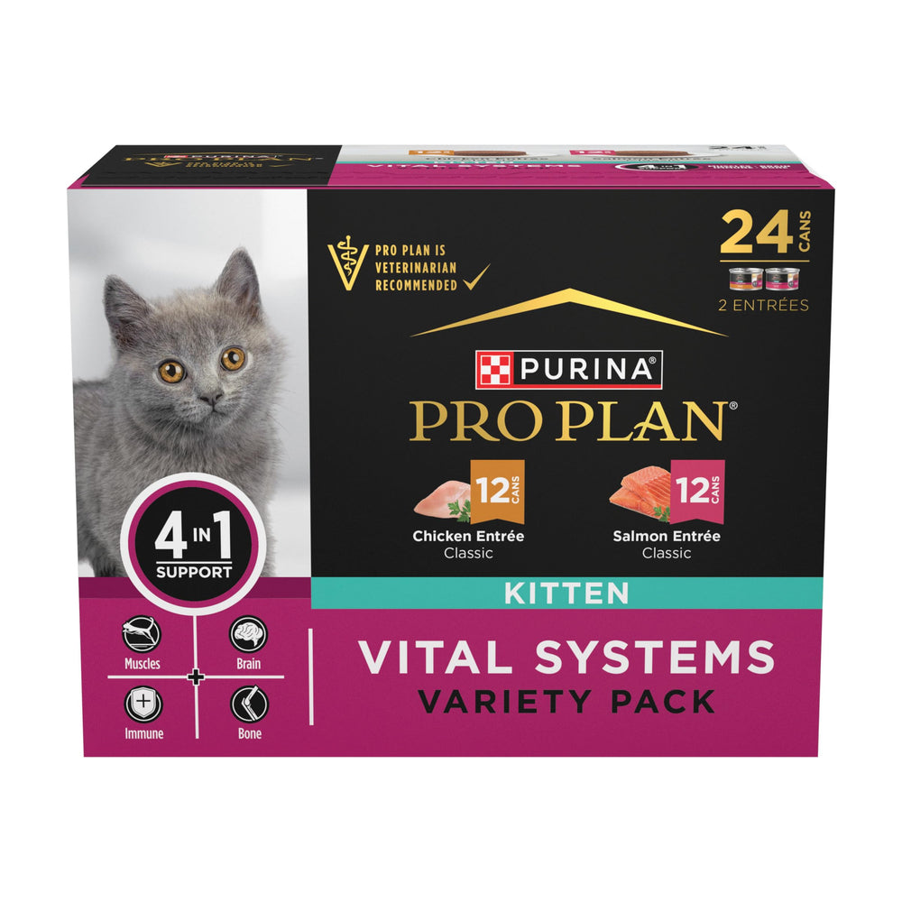 Purina Pro Plan Vital Systems gatito, lata pollo-salmon, sabor real para músculos.